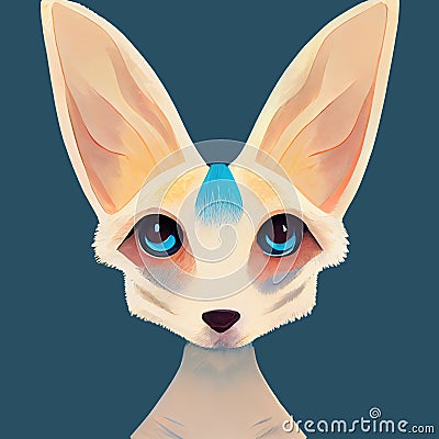 Fennec with blue eyes. Abstract fennec portrait. Fennec head icon. Digital illustration. AI-generated Cartoon Illustration