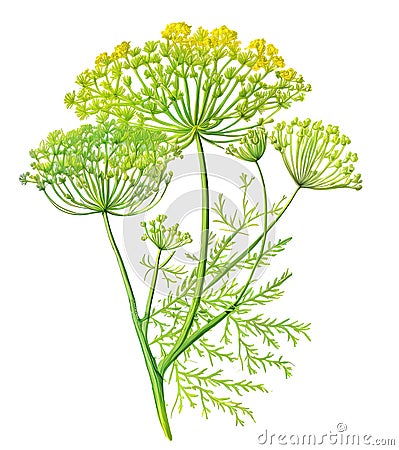 Fennel or dill flowers and leaves, for medical or culinary uses, over white background. Generative AI detailed watercolor Cartoon Illustration