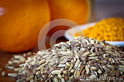 Fennel seeds and dry orange rind. Stock Photo