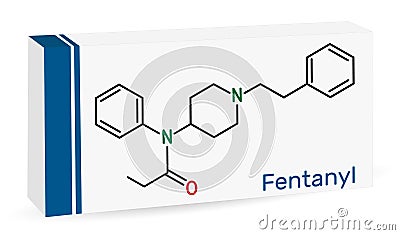 Fentanyl, fentanil, C22H28N2O molecule. It is opioid analgesic. Skeletal chemical formula. Paper packaging for drugs Vector Illustration