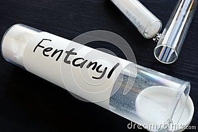 Fentanyl written on a bottle with label. Stock Photo