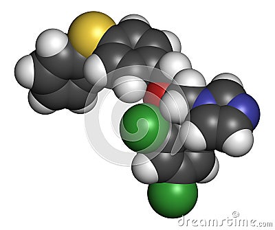 Fenticonazole antifungal drug molecule. 3D rendering. Atoms are represented as spheres with conventional color coding: hydrogen ( Stock Photo