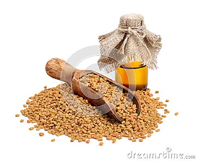 Fenugreek seed with pharmaceutical bottle. (Trigonella foenum-graecum) Stock Photo