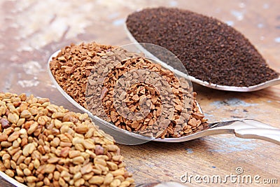 Fenugreek seeds with instant coffee with tea on spoons Stock Photo