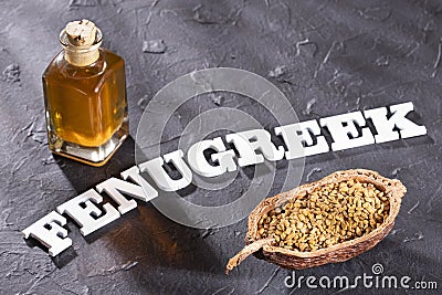 Fenugreek seeds and oil - Trigonella foenum - graecum Stock Photo