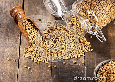 Fenugreek seeds. Trigonella foenum-graecum. Text space Stock Photo