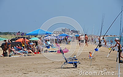 Fenwick Island, Delaware, U.S - July 8, 2023 - The crowds on the surf fishing beach in the summer Editorial Stock Photo