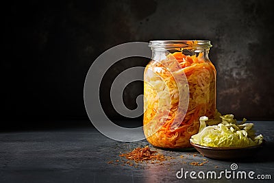 Fermented cabbage and carrots preserved in a glass jar, with spices, on dark kitchen countertop. Generative AI Stock Photo