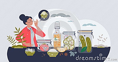 Fermented foods with healthy pickles and cabbage in jars tiny person concept Vector Illustration