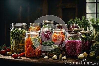 Fermented vegetables in jars. ai generative Stock Photo