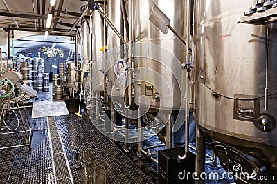 Fermenter tanks in microbrewery. Stock Photo