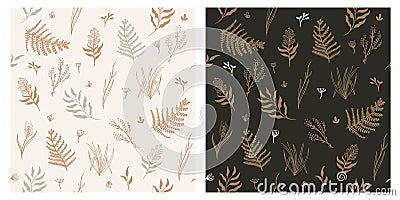 Fern floral plants botanical retro vintage seamless pattern set premium luxury gold Vector Illustration