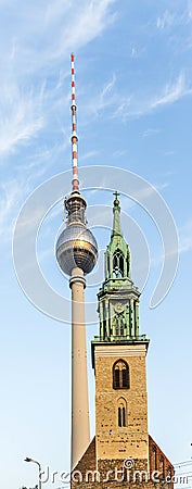 Fernsegtower Alex in Berlin with St. Marys church Stock Photo