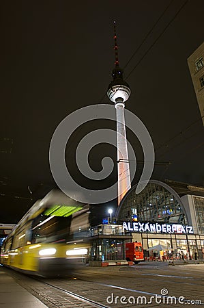 Fernsehturm and tram at alexanderplatz Stock Photo