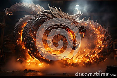 Ferocious fire-breathing dragon, a scary mystical creature, AI Generated Cartoon Illustration