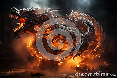 Ferocious fire-breathing dragon, a scary mystical creature, AI Generated Cartoon Illustration