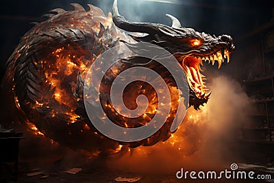 Ferocious fire-breathing dragon, a scary mystical creature, AI Generated Cartoon Illustration