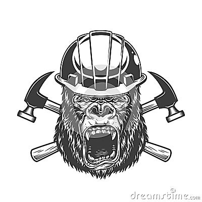 Ferocious gorilla head in builder helmet Vector Illustration