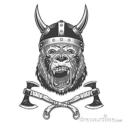 Ferocious gorilla head in viking helmet Vector Illustration