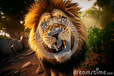 A ferocious lion roars at the camera at sunset. AI Generated Stock Photo