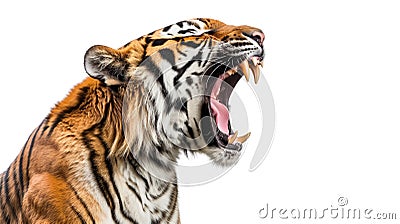 Ferocious tiger roaring with mouth wide open against pristine white backdrop Stock Photo