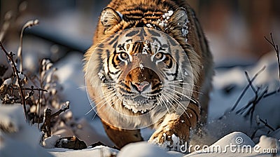 A ferocious tiger walking through the snow. Stock Photo