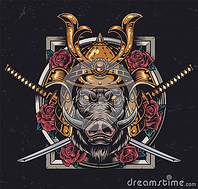 Ferocious wild boar head in samurai helmet Vector Illustration