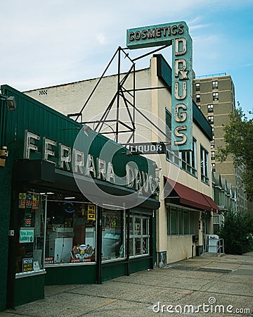 Ferrara Drugs & Liquors vintage sign, Jersey City, New Jersey Editorial Stock Photo