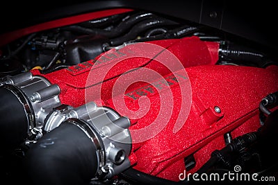 Ferrari engine logo inside the sports car showcased at the Brussels Expo Autosalon motor show. Belgium - January 12, 2016 Editorial Stock Photo