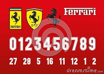 Ferrari Formula 1 race font numbers and Ferrari logos Vector Illustration