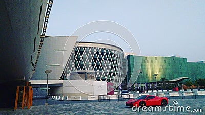 Ferrari parked in front of Dubai world cup at Maydan Editorial Stock Photo