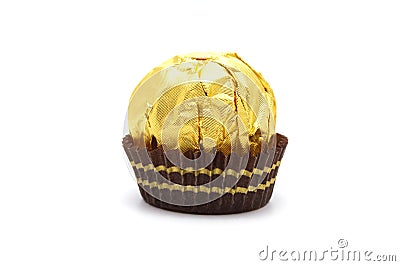 Ferrero Rocher is premium chocolate ball sweets filling with nuts and luxury delicious. Italian chocolate candies isolated on whit Stock Photo