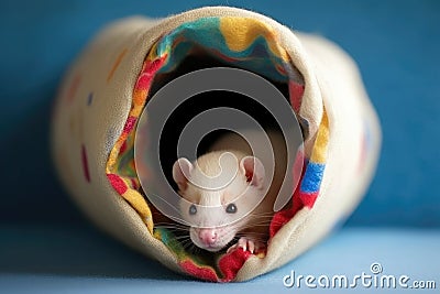 ferret napping inside cozy fleece tube Stock Photo