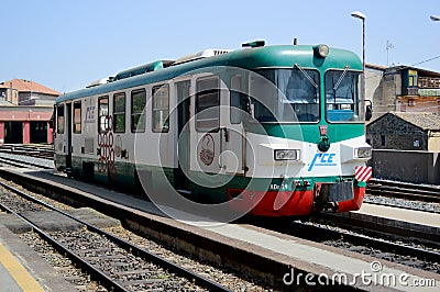 Ferrovia Circumetnea green and white old rolling stock locomotive at Randazzo Station, Sicily, Italy Editorial Stock Photo