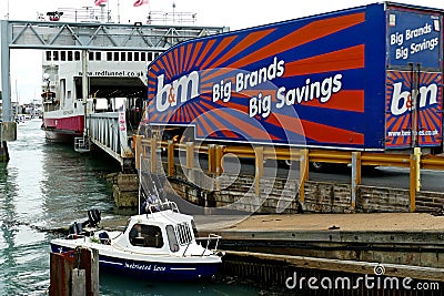 Red Funnel Ferry loading lorry at Cowes in the Isle of Wight, England. Editorial Stock Photo