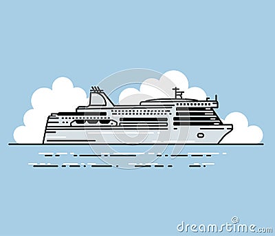 Ferry boat and clouds in linear stile. Cartoon Illustration