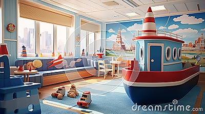 Ferry boat: Seagoing transport with children's playroom.AI Generated Stock Photo