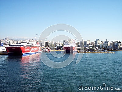 Ferry boats docking at the port of Piraeus/Greece Editorial Stock Photo