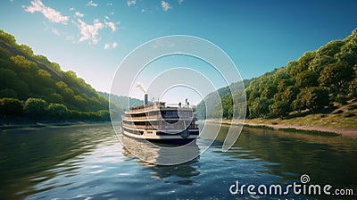 A ferry crossing a river. Generative AI Stock Photo