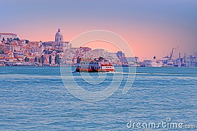 Ferry cruising on the river Tejo near Lisbon Portugal at sunset Stock Photo