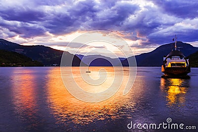 Ferry in fjord Hardanger Norway Stock Photo