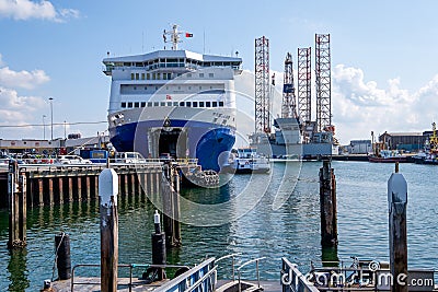 Ferry in the harbor of IJmuiden, Netherlands preparing to leave Editorial Stock Photo