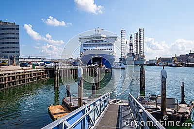 Ferry in the harbor of IJmuiden, Netherlands preparing to leave Editorial Stock Photo