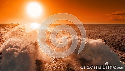 Ferry liner powerful engines lift high spray at the back of the ship Stock Photo