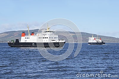 Ferry at sea two arrival and departure in open ocean Stock Photo