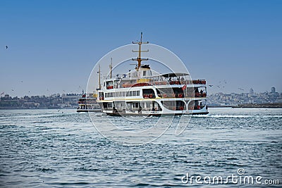 Ferry and seagulls, symbols of the Bosphorus, from Kad?köy Editorial Stock Photo