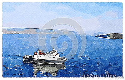 Ferry ship arriving at Scottish town of Wemyss Bay, a digital filter applied to photo, original photo and copyright Stock Photo