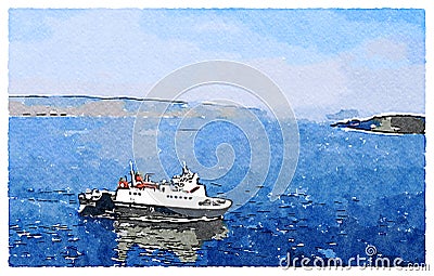 Ferry ship arriving at Scottish town of Wemyss Bay, a digital filter applied to photo, original photo and copyright owned by the Stock Photo