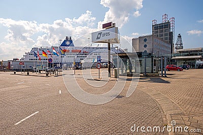 Ferry terminal in the harbor of IJmuiden, Netherlands. Ferry is Editorial Stock Photo