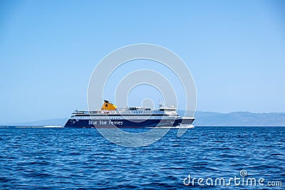 Ferryboat in blue Aegean sea background. Kythnos Greek island Editorial Stock Photo